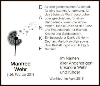 Todesanzeige von Manfred Wehr von Eschwege