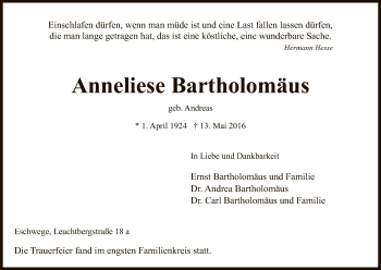 Todesanzeige von Anneliese Bartholomäus von Eschwege