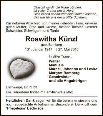 Todesanzeige von Roswitha Künzl von Eschwege