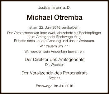 Todesanzeige von Michael Otremba von Eschwege