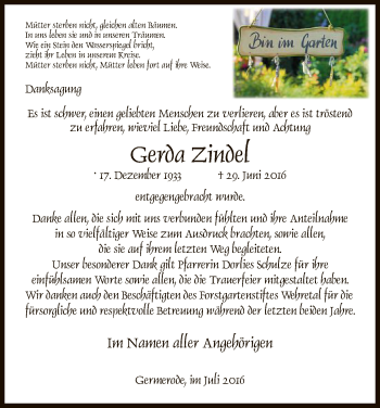 Todesanzeige von Gerda Zindel von Eschwege