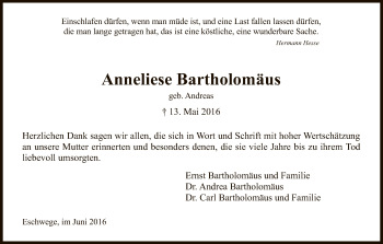 Todesanzeige von Anneliese Bartholomäus von Eschwege