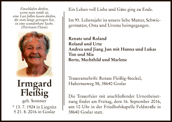 Todesanzeige von Irmgard Fleißig von Eschwege