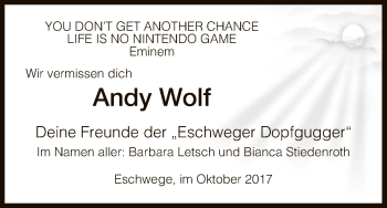 Todesanzeige von Andy Wolf von Eschwege