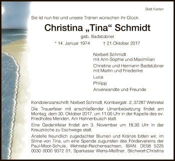 Todesanzeige von Christina Schmidt von Eschwege