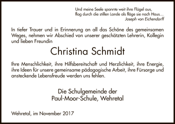 Todesanzeige von Christina Schmidt von Eschwege