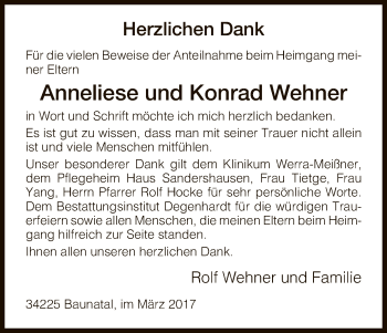 Todesanzeige von Anneliese und Konrad Wehner von Eschwege