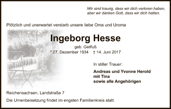 Todesanzeige von Ingeborg Hesse von Eschwege