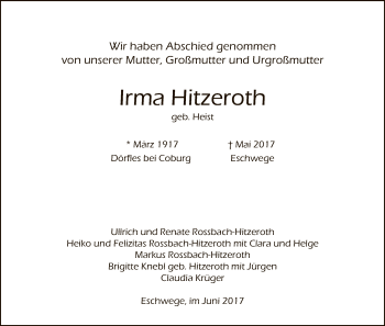 Todesanzeige von Irma Hitzeroth von Eschwege