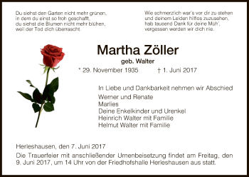 Todesanzeige von Martha Zöller von Eschwege