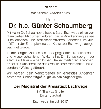 Todesanzeige von Günter Schaumberg von Eschwege
