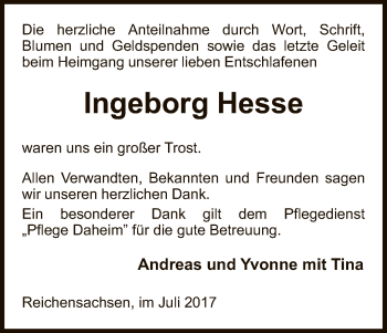 Todesanzeige von Ingeborg Hesse von Eschwege