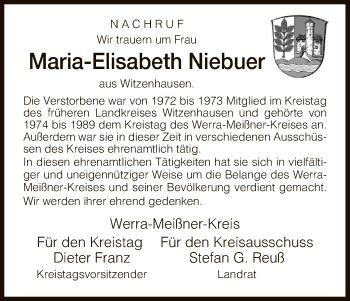 Todesanzeige von Maria-Elisabeth Niebuer von Eschwege