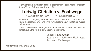 Todesanzeige von Ludwig-Christian v. Eschwege von Eschwege