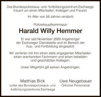 Todesanzeige von Harald Willy Hemmer von Eschwege