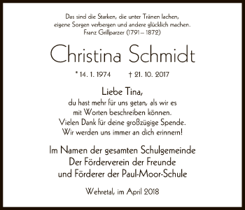 Todesanzeige von Christina Schmidt von Eschwege