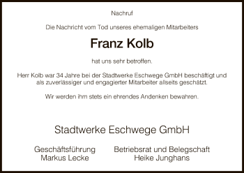 Todesanzeige von Franz Kolb von Eschwege