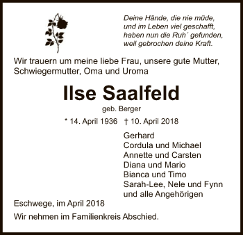 Todesanzeige von Ilse Saalfeld von Eschwege