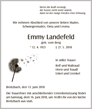 Todesanzeige von Emmy Landefeld von Eschwege
