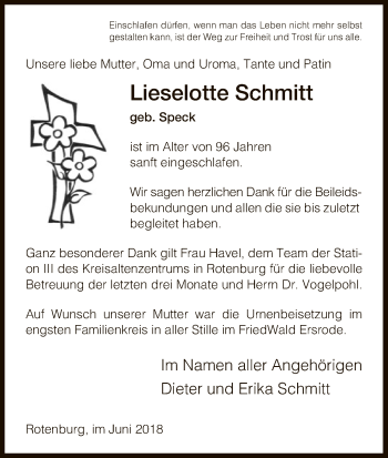 Todesanzeige von Lieselotte Schmitt von Eschwege