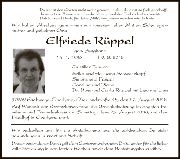 Todesanzeige von Elfriede Rüppel von Eschwege