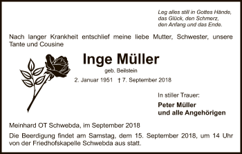 Todesanzeige von Inge Müller von Eschwege