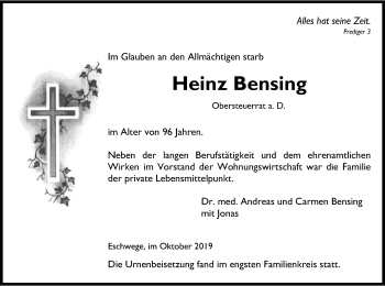 Todesanzeige von Heinz Bensing von Eschwege