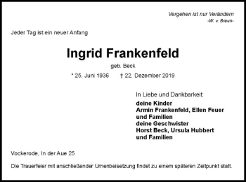 Todesanzeige von Ingrid Frankenfeld von Eschwege