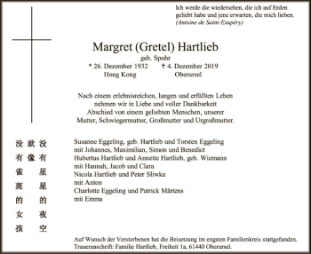 Todesanzeige von Margret Hartlieb von Eschwege