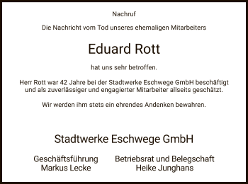 Todesanzeige von Eduard Rott von Eschwege