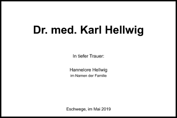 Todesanzeige von Karl Hellwig von Eschwege