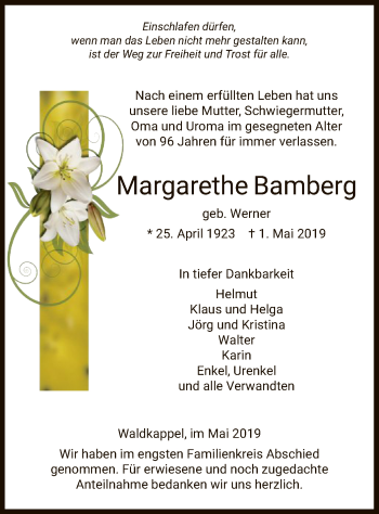 Todesanzeige von Margarethe Bamberg von Eschwege