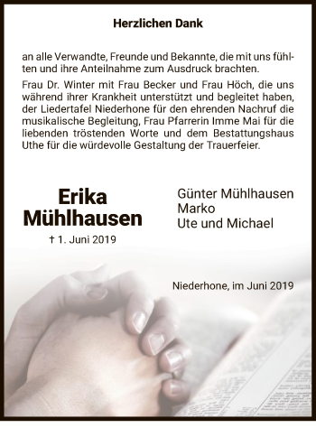 Todesanzeige von Erika Mühlhausen von Eschwege