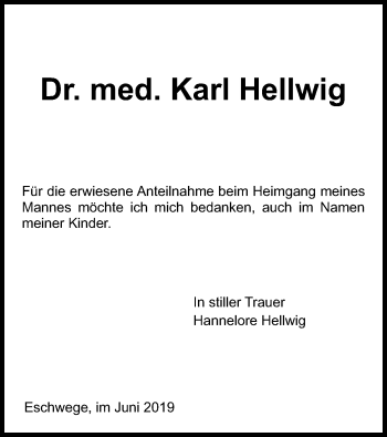 Todesanzeige von Karl Hellwig von Eschwege