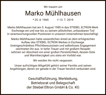 Todesanzeige von Marko Mühlhausen von Eschwege
