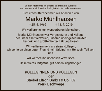 Todesanzeige von Marko Mühlhausen von Eschwege