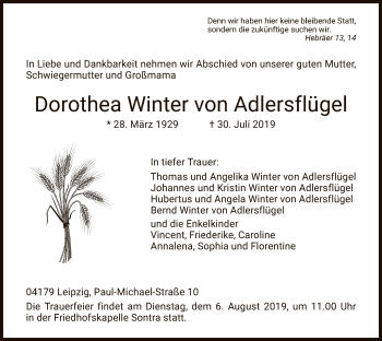 Todesanzeige von Dorothea Winter von Adlersflügel von Eschwege