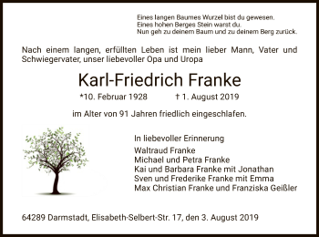 Todesanzeige von Karl-Friedrich Franke von Eschwege