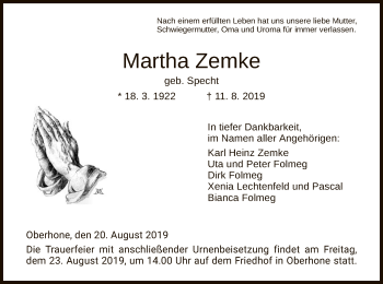 Todesanzeige von Martha Zemke von Eschwege