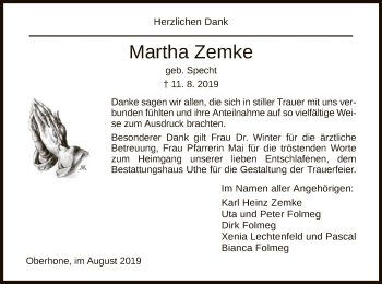 Todesanzeige von Martha Zemke von Eschwege