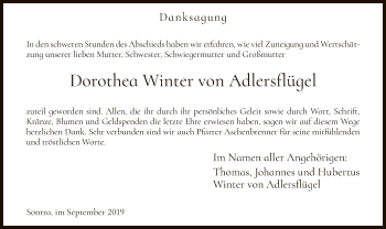 Todesanzeige von Dorothea Winter von Adlersflügel von Eschwege