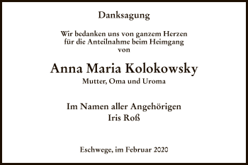 Todesanzeige von Anna Maria Kolokowsky von Eschwege