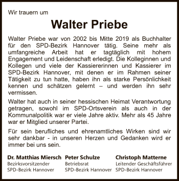 Todesanzeige von Walter Priebe von Eschwege
