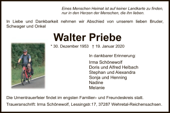 Todesanzeige von Walter Priebe von Eschwege