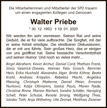 Todesanzeige von Walter Priebe von Eschwege