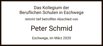 Todesanzeige von Peter Schmid von Eschwege