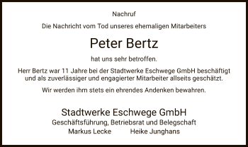 Todesanzeige von Peter Bertz von WRS
