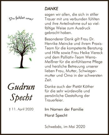 Todesanzeige von Gudrun Specht von WRS