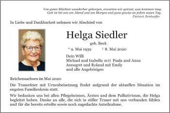 Todesanzeige von Helga Siedler von WRS
