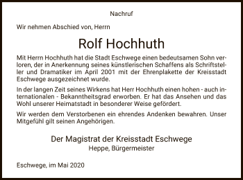 Todesanzeige von Rolf Hochhuth von WRS
